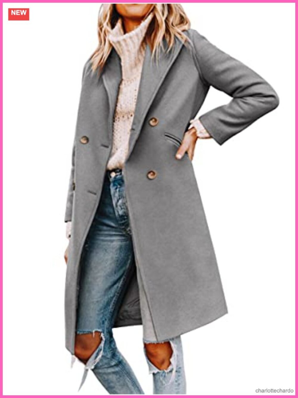Notched Lapel Double Breasted Pea Coat Mid Long Wool Coat
